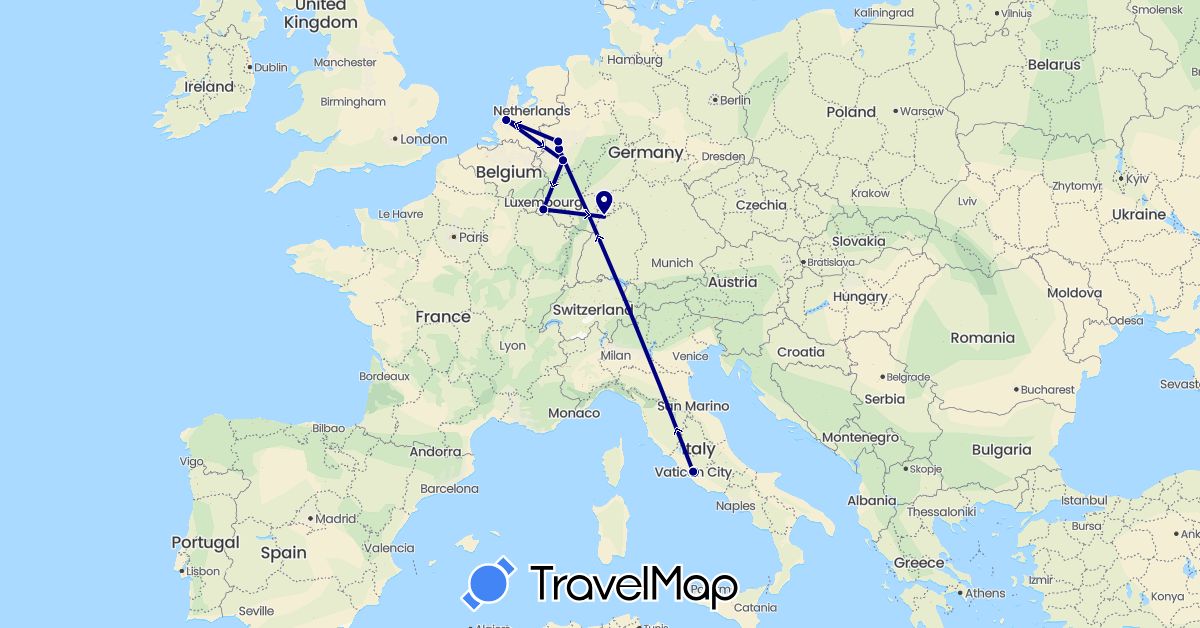 TravelMap itinerary: driving in Germany, Italy, Luxembourg, Netherlands, Vatican City (Europe)